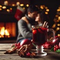 Couple relaxing with glasses of red wine at romantic fireplace on winter evening Royalty Free Stock Photo