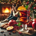 Couple relaxing with glasses of red wine at romantic fireplace on winter evening Royalty Free Stock Photo