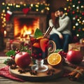 Couple relaxing with glasses of red wine at romantic fireplace on winter evening Royalty Free Stock Photo