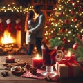Couple relaxing with glasses of red wine at romantic fireplace on winter evening Royalty Free Stock Photo