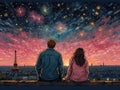 A Couple Relaxing in Paris, France. Colorful Night Sky Background, Cityscape bg. Romantic Scene, Dating Relationship. Dream Destin Royalty Free Stock Photo