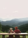 Couple relaxing at the picnic table with drinks, talking and looking at the mountains in the distance. Generative AI Royalty Free Stock Photo