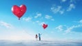 A couple releasing heart-shaped balloons into the clear blue sky, marking a beautiful Valentine\'s Day moment