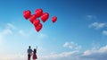 A couple releasing heart-shaped balloons into the clear blue sky,