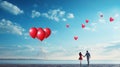 A couple releasing heart-shaped balloons into the clear blue sky,
