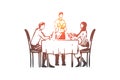 Couple, restaurant, table, waiter concept. Hand drawn isolated vector.