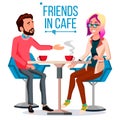 Couple In Restaurant Vector. Friends Or Boyfriend, Girlfriend. Man And Woman. Sitting Together And Drinking Coffee