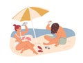 Couple resting under umbrella on beach in hot summer weather. People melting from heat and pouring water from bottles on