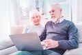 Couple of retired man and woman feeling entertained watching movie