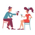 Couple at retro bar enjoying cocktails flat color vector faceless characters