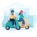 A couple ride modern mopeds, wearing helmets. Vector, flat style. Alternative environmentally friendly transport