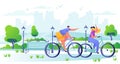 Man and woman characters riding bicycle with city on the background. A