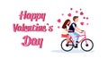 Couple riding bicycle happy valentines day holiday concept man woman lovers cycling bike over red heart shapes greeting