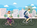 A couple riding a bike on a park road in the city background vector illustration design Royalty Free Stock Photo