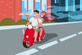 Couple riding motorcycle scooter woman man lovers driving motorbike holding pizza fast food concept cityscape background Royalty Free Stock Photo