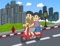 A couple riding a scooter on the street cartoon