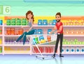 Couple Riding Shopping Cart in Supermarket Flat.