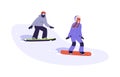 Couple riding snowboards. Snowboarders sliding down slope. People on snow boards in motion. Man and woman during winter Royalty Free Stock Photo