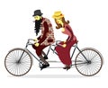 Couple riding tandem bicycle. Mature people couple riding twin b