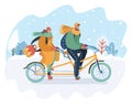 Couple riding on tandem bike at snowy landscape.