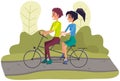 Couple riding twin or tandem bicycle on road in park. People in relationship together on date Royalty Free Stock Photo
