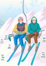 Couple rise on ski lift elevator. Vector illustration concept Royalty Free Stock Photo