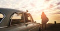 Couple, road trip and car with back, sunset and beach for memory, vacation and outdoor in nature. People, silhouette and Royalty Free Stock Photo