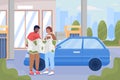 Couple road trip by car flat color vector illustration