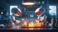 A couple of robots that are standing in front of a fire. Generative AI image. Royalty Free Stock Photo