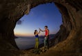 Couple of rock climbers giving high five and cheering Royalty Free Stock Photo