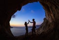 Couple of rock climbers giving high five and cheering Royalty Free Stock Photo