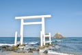 couple rock Meotoiwa for lover with white column on beach in Fukuoka Japan