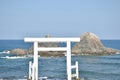 couple rock Meotoiwa for lover with white column on beach in Fukuoka Japan