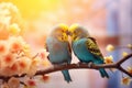 Couple of romantic blue budgies birds on a branch. Love or friendship concept