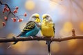 Couple of romantic blue budgies birds on a branch. Love or friendship concept