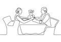 Couple romantic continuous one line drawing. Single hand drawn silhouette of man and woman eating and drinking wine. Toast with Royalty Free Stock Photo