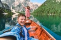 couple romantic date at boat on mountain lake Royalty Free Stock Photo