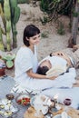 Couple on romantic date lay on picnic blanket Royalty Free Stock Photo