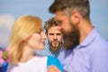 Couple romantic date lovers flirting. Couple in love happy dating, jealous man watching woman prefers another macho Royalty Free Stock Photo