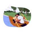 Couple on romantic date outdoors. People kiss on wooden boat ride. Romance during walking on forest river. Young pair in