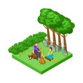 Couple on a romantic picnic, isometric tourism with bicycles vector concept