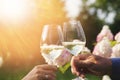 Couple romantically celebrate outdoors with glasses of white wine, proclaim toast People having dinner in a home garden Royalty Free Stock Photo