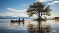 Couple rowing a boat on the lake with a tree in the background