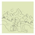 Couple run into Map, Adventure, Tourist, Sightseeing, Journey, Inspiration and Concept. Hand drawn Vector illustration