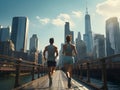 Generative AI. Couple of runners crossing a bridge towards the city