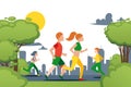 Couple running in city park, character female, male people, rest and walking, flat vector illustration. People in public