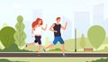 Couple running. Happy smiling guys jogging together outdoor summer park young friends training active fitness lifestyle