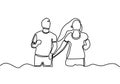 Couple running and holding hands. One line drawing man and woman. Continuous hand drawn sketch vector illustration, romance theme Royalty Free Stock Photo
