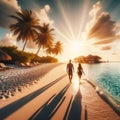 A Couple's Morning Walk Bathed in Sunshine on Baa Atoll's Idyllic Maldivian Beach. Generative ai for illustrations