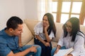 Couple`s therapy or marriage counseling. Man and woman on the couch during a psychotherapy session. Psychologist, counselor, Royalty Free Stock Photo